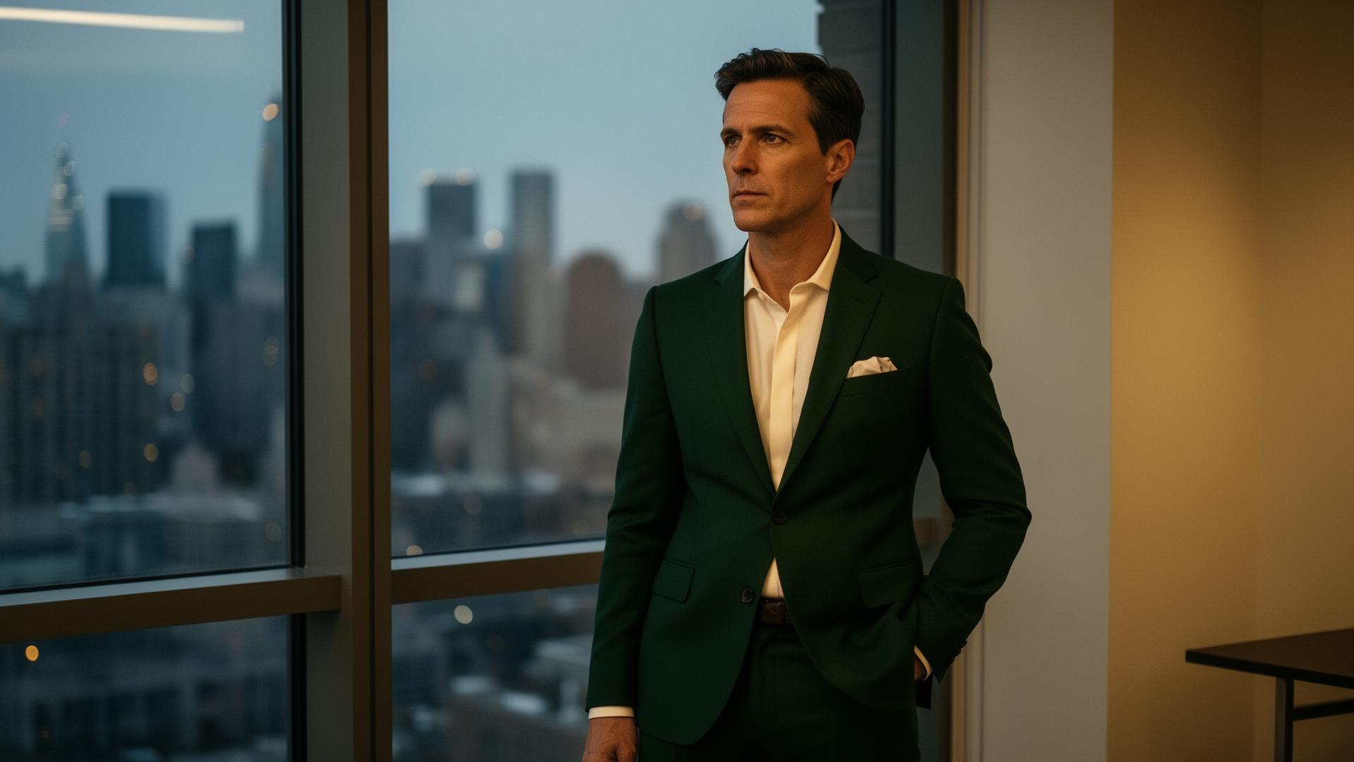 Incorporated business owner reflecting in a Toronto office at dusk